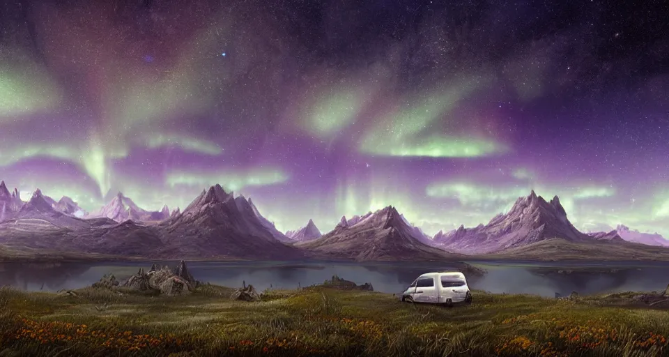 Image similar to An epic fantasy style landscape painting of a Mountainrange and a lake, with a starry sky and milkyway and breathtaking aurora and a beige Volkswagen Caddy Campervan 4x4, a glacier can be seen in the distance, unreal 5, DAZ, hyperrealistic, octane render, volumetric clouds dynamic lighting