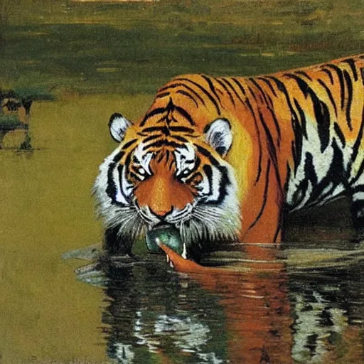 Prompt: a tiger drinks water from a pond by abbey edwin austin