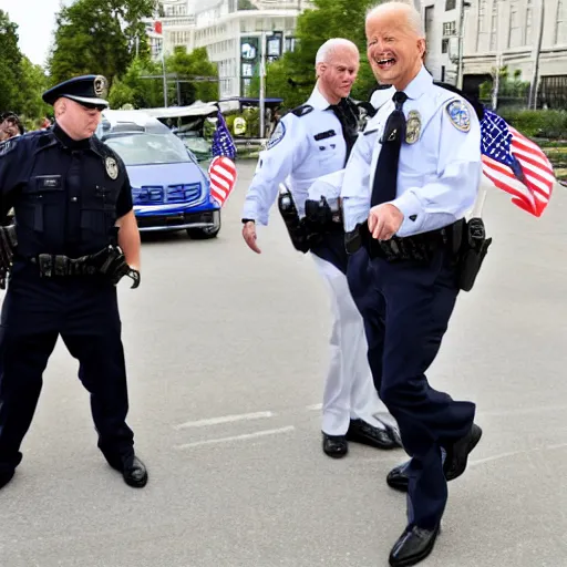 Image similar to biden arrested by himself dressed as a cop, realistic photography