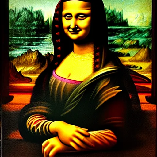 Image similar to an indian woman's painting in the style of mona lisa by leonardo da vinci