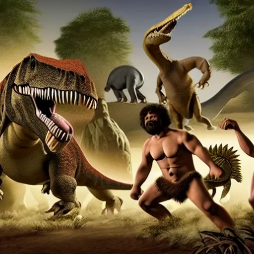 Image similar to A large dinosaur fighting with several realistic detailed cavemen with proportioned bodies, next to the dinosaur are cavemen, the cavemen are armed with spears, the caveman are in a fighting stance, the cavemen are wearing animal furs, one caveman is stabbing the dinosaur with his spear, one caveman is cowering in fear, coarse canvas, visible brushstrokes, intricate, extremely detailed painting by Giorgione (and by Greg Rutkowski)