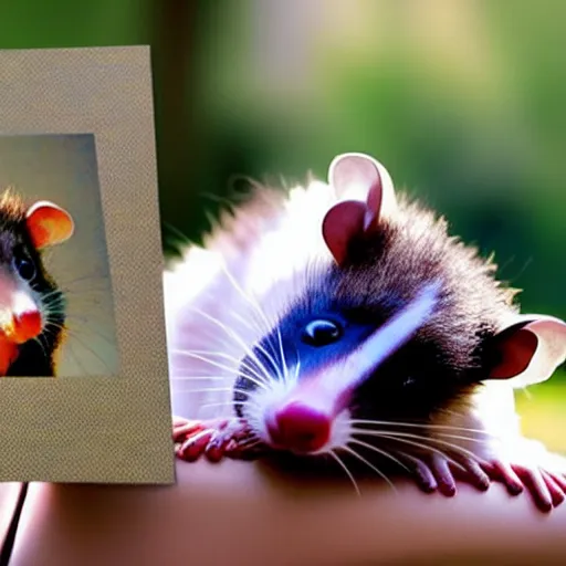 Prompt: hd digital photography of an opossum holding up the picture it made in its paws.