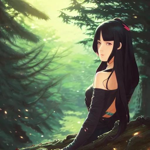 Prompt: a beautiful girl with long dark hair, wearing a ninja uniform, forest background, intricate, highly detailed, digital painting, artstation, official media, anime key visual, concept art, rich vivid colors, ambient lighting, sharp focus, illustration, art by Artgerm, Makoto Shinkai, Ilya Kuvshinov, Lois Van Baarle, and Rossdraws