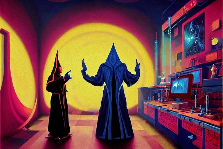 Prompt: a beautiful masterpiece painting of a technomancer wizard in robes with pointed hood discussing sentience with his synthesized AI djinn in his laboratory near a computer by Remedios Varo and Anato Finnstark and Greg Rutkowski, dayglo pink, dayglo blue, dazzle camouflage