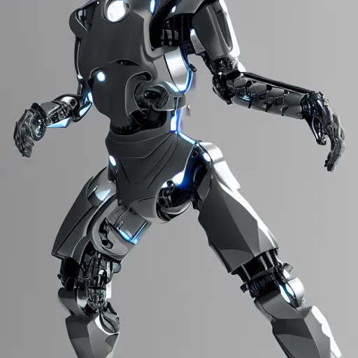 Image similar to futuristic cyborg made of graphene, metallic surface, futuristic, 8 k, dramatic light, unreal engine