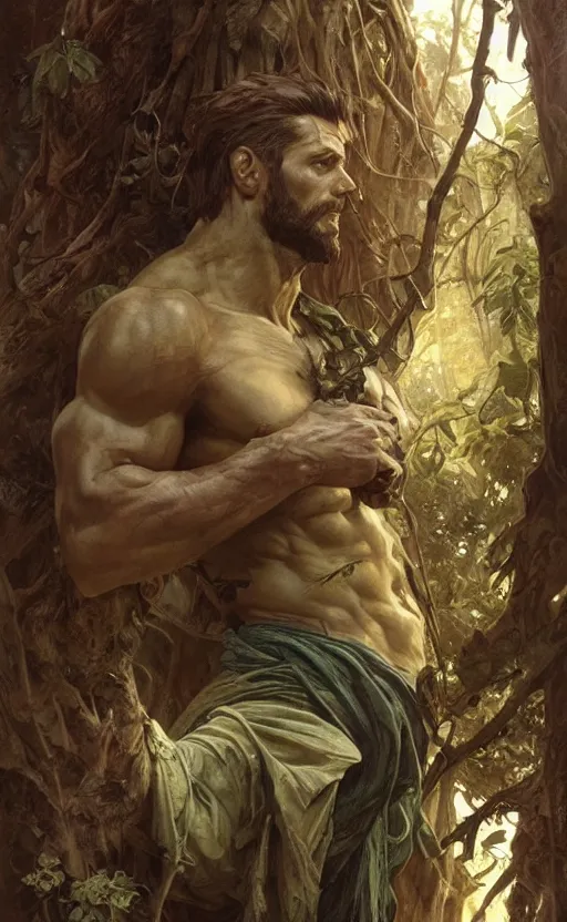 Image similar to god of the forest, 3 0 years old, rugged, male, gorgeous, detailed face, amazing, thighs!!!!!!, muscular, intricate, highly detailed, digital painting, artstation, concept art, sharp focus, illustration, art by greg rutkowski and alphonse mucha