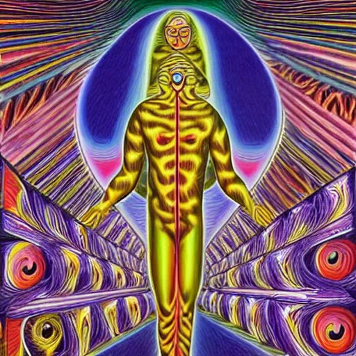 Prompt: cat having an ego trip, by alex grey