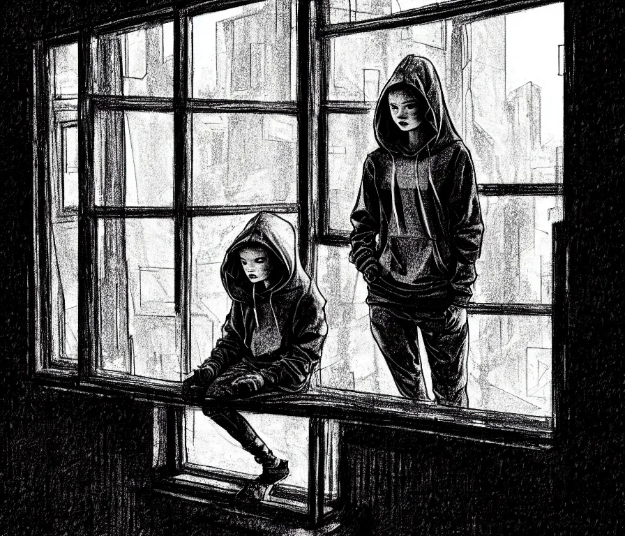 Prompt: sadie sink in hoodie sits on windowsill, knees tucked in | rain falls at night : storyboard drawing, scifi cyberpunk, b & w. by gabriel hardman, joe alves, chris bonura. cinematic atmosphere, detailed and intricate, perfect anatomy