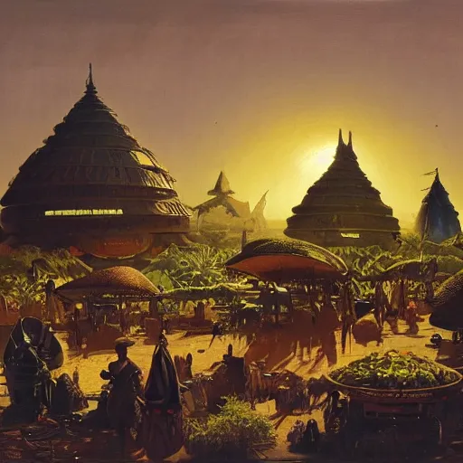 Prompt: painting of syd mead artlilery scifi organic shaped african market with ornate metal work lands on a farm, floral ornaments, african architecture, volumetric lights, purple sun, andreas achenbach