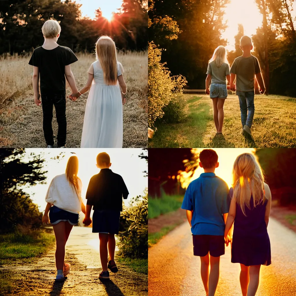 Prompt: blonde teen girl and boy holding hands at sunset