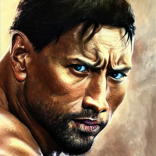 Image similar to ultra realistic portrait painting of dwayne johnson, art by frank frazetta, 4 k, ultra realistic, highly detailed, epic lighting