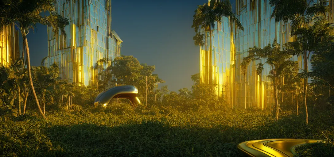 Image similar to futuristic shinny golden building in an jungle landscape of a biopunk city by taras shevchenko, movie poster, golden ratio, evening lighting, film still, realistic, octane render redshift arnold materials unreal engine, 8 k post production, hyper detailed