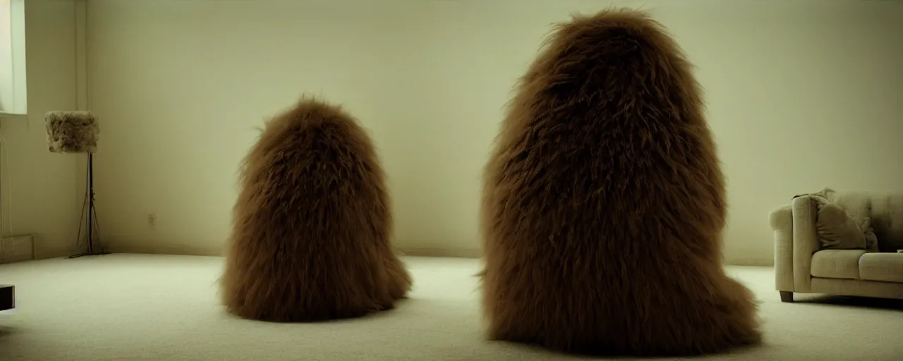 Prompt: a strange huge fluffy furry creature sits in the living room, film still from the movie directed by denis villeneuve with art direction by zdzisław beksinski, close up, telephoto lens, shallow depth of field