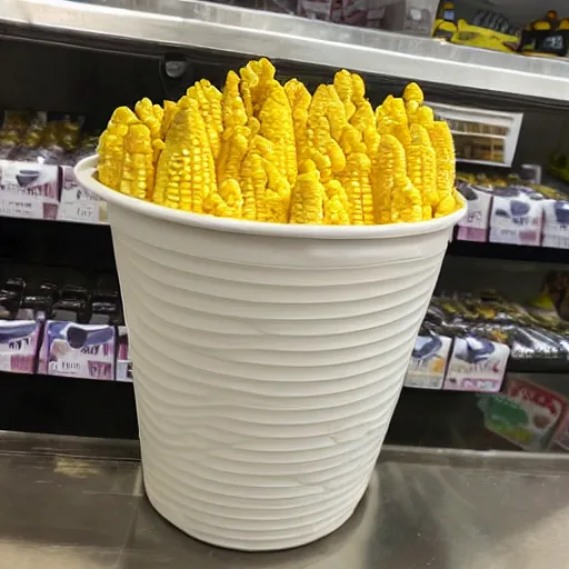 Prompt: Corn Flavored Ice cream tub, store shelf