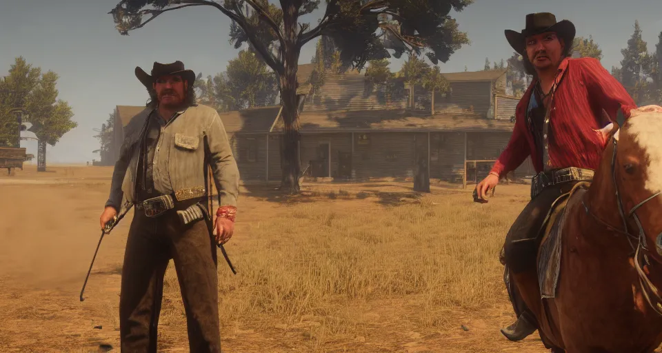 Image similar to Screenshot of Carl Brutananadilewski from Aqua Teen Hunger Force as a 3d cowboy in full cowboy attire in the videogame 'Red Dead Redemption 2'. Sharpened. 1080p. High-res. Ultra graphical settings.