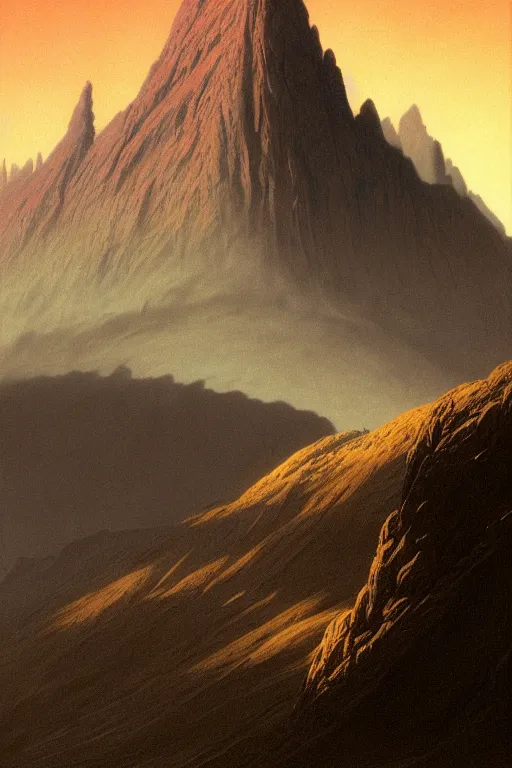 Prompt: a hyper realistic mountain scape scene by arthur haas and bruce pennington and john schoenherr, cinematic matte painting, dark moody color palate,