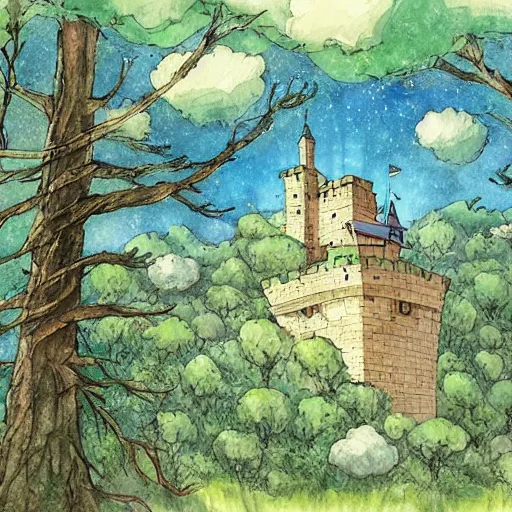 Image similar to laputa castle in the sky robot hayao miyazaki walks in a small clearing among trees, watercolor illustration for a book