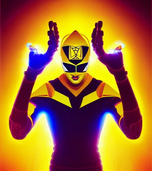 Image similar to symmetry!! yellow ranger, thunderbolt shaped viser!! solid cube of light, hard edges, product render retro - futuristic poster scifi, lasers and neon circuits, brown skin man egyptian prince, intricate, elegant, highly detailed, digital painting, artstation, concept art, smooth, sharp focus, illustration, dreamlike, art by artgerm