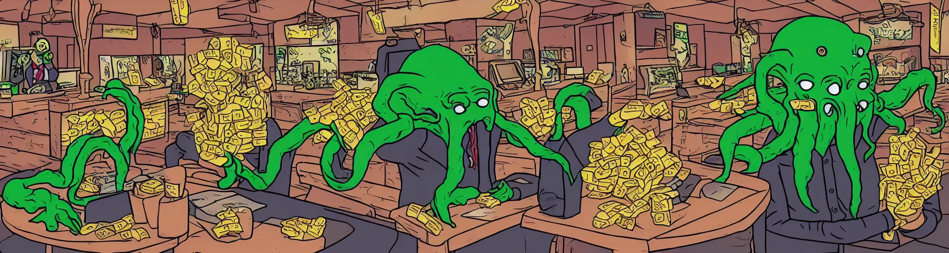 Prompt: Cthulhu working at McDonalds because he lost all of his money leverage trading bitcoin, mike judge art style, 90s mtv illustration