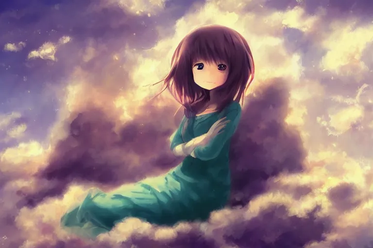 Image similar to a cute anime girl sitting on a cloud, digital painting, anime, portrait