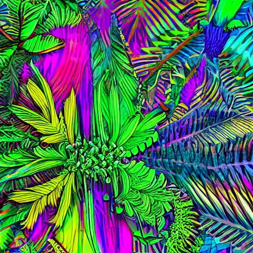 Image similar to psychedelic jungle, 8k, extremly detailed, sharp, colorful