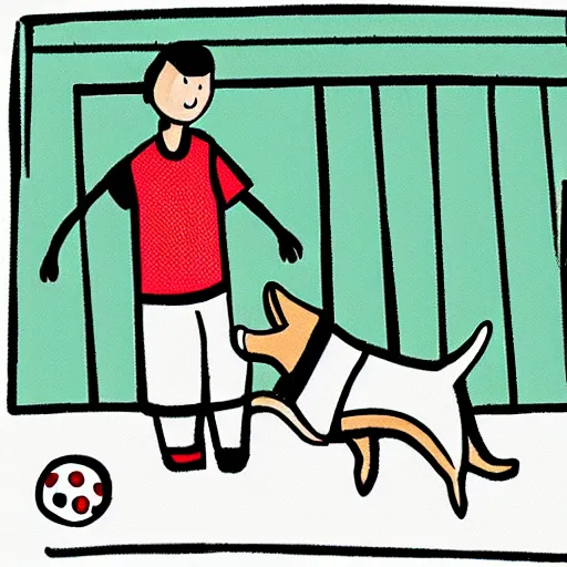 Image similar to illustration of boy playing football with his dog on the streets of paris, his dog dog is a corgi that wears a polkadot scarf