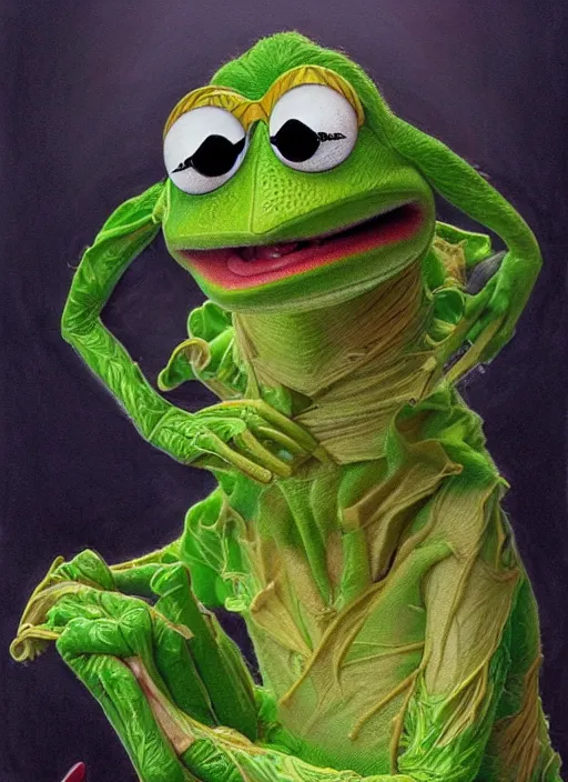 Prompt: portrait of a gaunt and diseased Kermit the frog, intricate, elegant, highly detailed, centered, digital painting, artstation, concept art, smooth, sharp focus, illustration, artgerm, donato giancola, Joseph Christian Leyendecker, WLOP, Artgerm