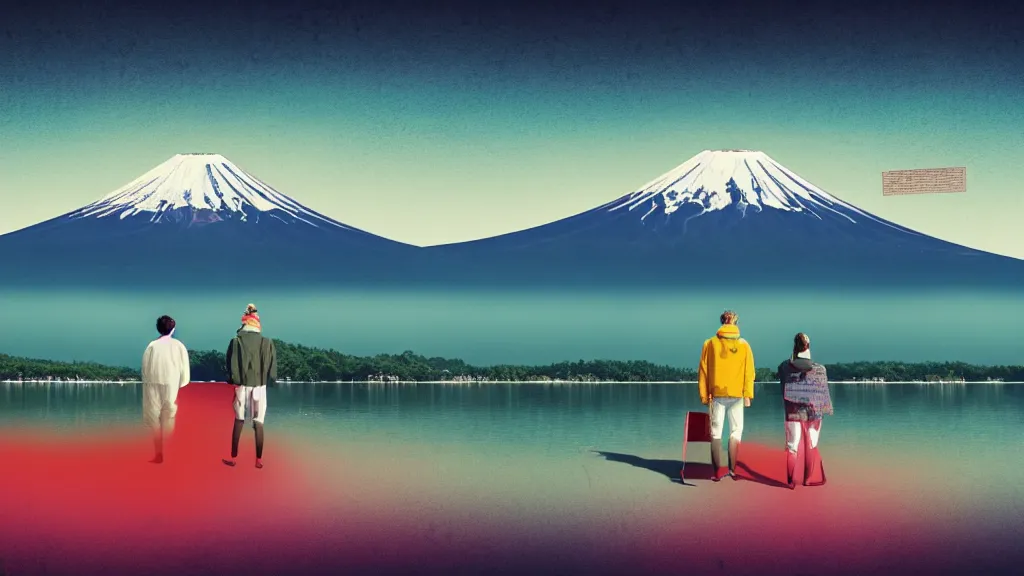 Prompt: a scene of two travellers and their campter touring at yamanaka lake, reflecting mount fuji, japan, a collage painting, in the style of wes anderson, lola dupre, david hockney, isolated on negative white space background dark monochrome neon spraypaint accents volumetric octane render