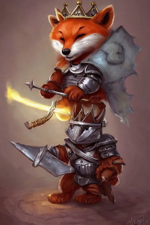 Image similar to cute little anthropomorphic foxy knight wearing a cape and a crown, tiny, small, miniature fox, baby animal, short, pale blue armor, cute and adorable, pretty, beautiful, DnD character art portrait, matte fantasy painting, DeviantArt Artstation, by Jason Felix by Steve Argyle by Tyler Jacobson by Peter Mohrbacher, cinematic lighting