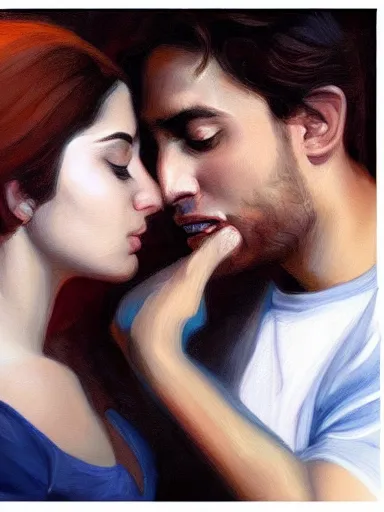 Image similar to masterpiece painting by salman toor, of a solo individual portrait of a guy and a girl kissing, cinematic light, renaissance, atmospheric effects, artstation