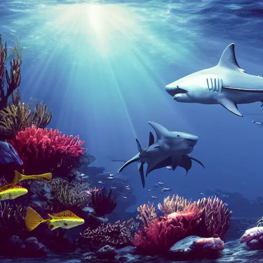 Image similar to a shark underwater and fish swimming around, underwater light beams ,beautiful dynamic lighting, cinematic, wide angle establishing shot, extremely high detail, photo realistic, cinematic lighting, post processed, concept art, artstation, matte painting, style by frederic church, raphael lacoste, unreal engine 8k