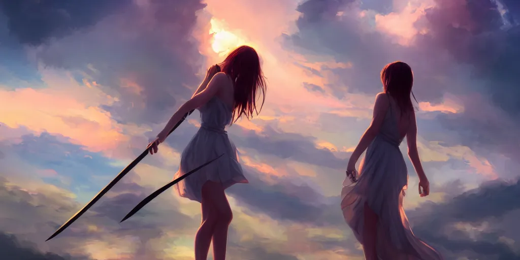 Image similar to back shot of one beautiful girl in sundress gazing back, holding two swords, digital art by wlop. artstation contest winner, cinematic paint. lower shot. dramatic cloud in background. sunset