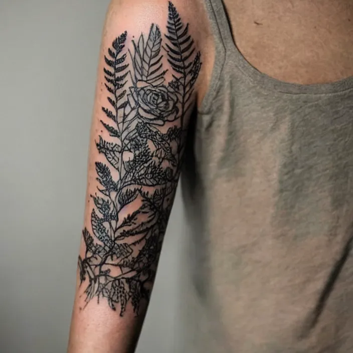 Image similar to sleeve tattoo with a ranunculus surrounded by fern vines, black ink