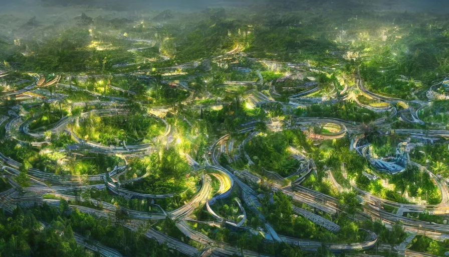Image similar to Huge ecological city built in the heart of the green mountains in the evening, hyperdetailed, artstation, cgsociety, 8k