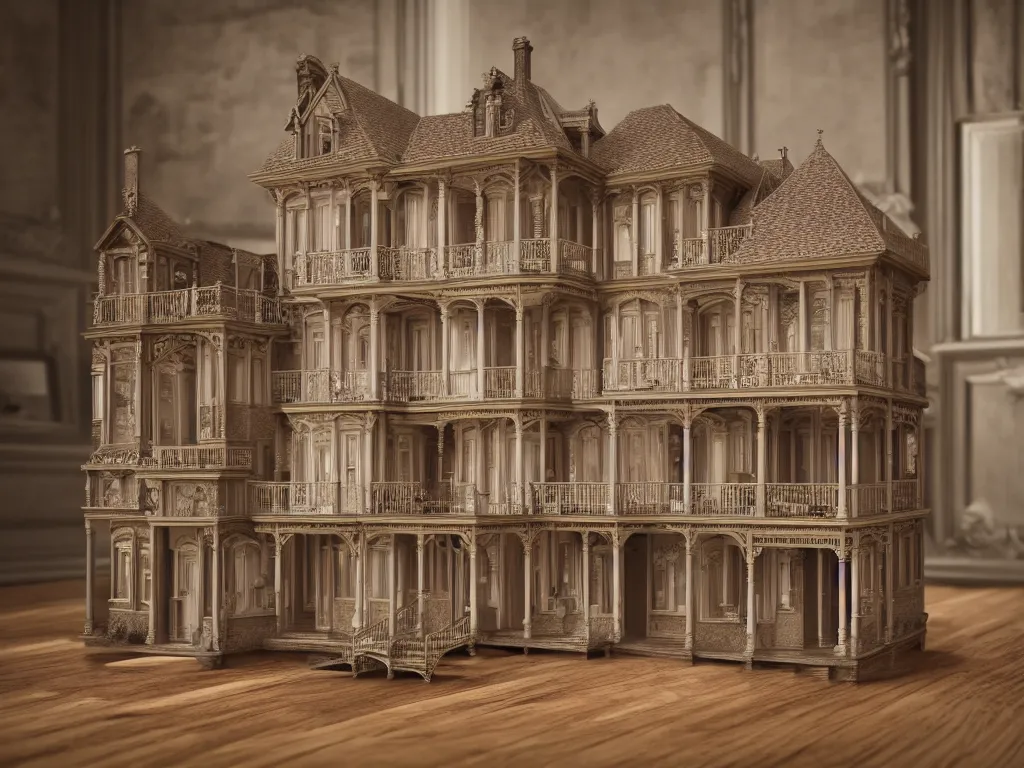 Prompt: hyperrealistic, highly detailed rendering, a rich beautiful victorian doll house with tiny people inside, strange, muted tones, victorian furnitures, low natural light, volumetric light windows, oak wood floor, luxe, 8 k, ultra wide angle