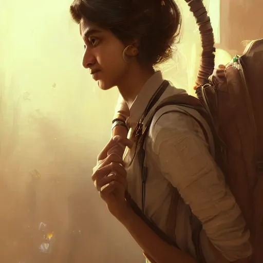 Image similar to Anxious beautiful young female Indian Doctor catching a flight, by Cedric Peyravernay, highly detailed, excellent composition, cinematic concept art, dramatic lighting, trending on ArtStation