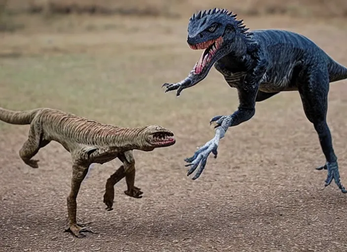 Prompt: photo of a hybrid between a velociraptor and a dog