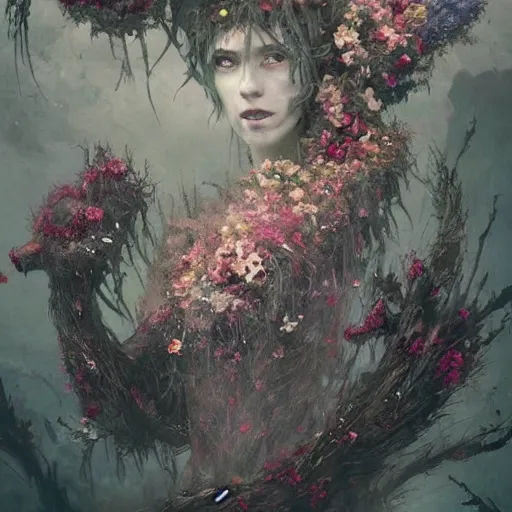 Image similar to a beautiful terrifying monster made out of flowers. ethereal horror fantasy art by greg rutkowski