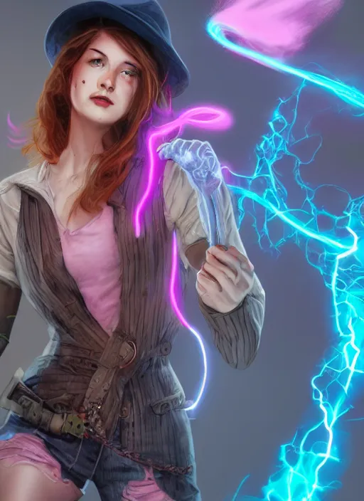 Prompt: An epic fantasy comic book style portrait painting of a young woman, with a wavy short pink hair and pink fedora hat, wearing a light pink jacket with a dark blue tie, purple gloves and blue jeans shorts and white shoes. She is holding blue neon strings tied on her hand, Unreal 5, DAZ, hyperrealistic, octane render, cosplay, RPG portrait, dynamic lighting