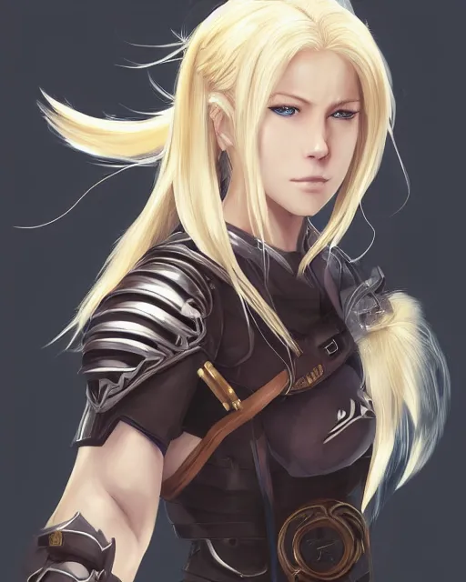 Image similar to An anime portrait of Enji Night as a blonde huntress from Skyrim, by Stanley Artgerm Lau, WLOP, Rossdraws, James Jean, Andrei Riabovitchev, Marc Simonetti, and Sakimichan, tranding on artstation, ultra realistic