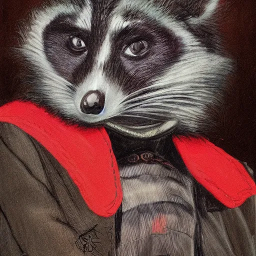 Image similar to a gentleman raccoon wearing a tophap and a kaneda jacket, portrait, painting, detailed, artwork by Hyacinthe Rigaud