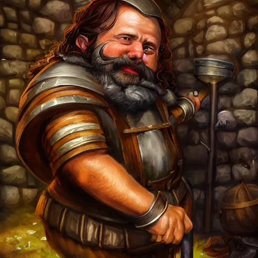 Image similar to High Fantasy whimsical portrait painting of a bearded dwarf working in a blacksmith with a workman\'s hammer, leg high, face showing, full body, fantasy clothing, golden shoulder pauldrons, cgsociety, trending on artstation, dnd