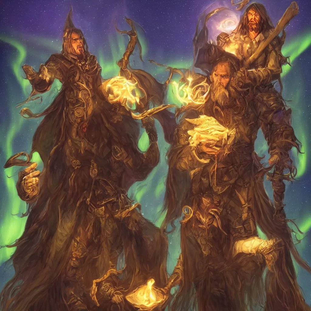 Image similar to dungeons and dragons, realistic,full body long hair goatee warlock with pet imp, magic aura, northern lights