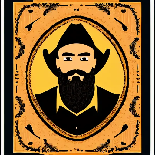 Prompt: bearded cowboy, portrait, calligraphic borders, persian folkore artstyle