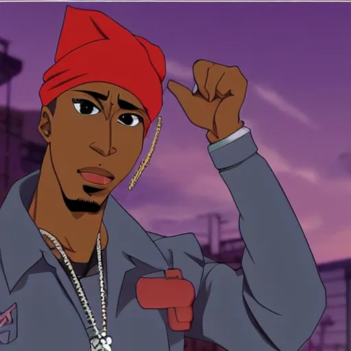 Image similar to Tupac Shakur, screenshot from a 2012s anime