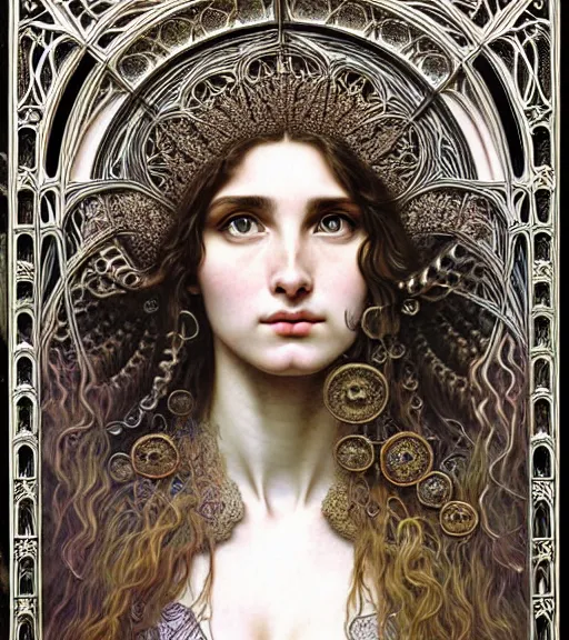 Prompt: hyperrealistic detailed face portrait of a beautiful long haired young goddess morphing into a gothic cathedral, authentic ornamental architecture, intricate and highly detailed, awe inspiring art by ernst haeckel, android jones, h. r. giger, alphonso mucha, gothic, neo - gothic, heavily ornamental,
