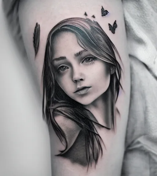 Image similar to a beautiful girl portrait, faded mountain background, realism tattoo, in the style of den yakovlev, black and white, hyper realistic, highly detailed