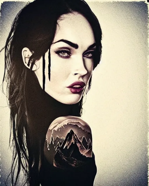 Prompt: megan fox face next to realistic mountain scenery, double exposure effect, medium sized tattoo sketch, amazing detail, trending on pinterest, in the style of brandon kidwell