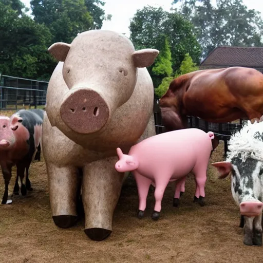 Prompt: statues of a pig, a cow, a horse, a chicken and a sheep