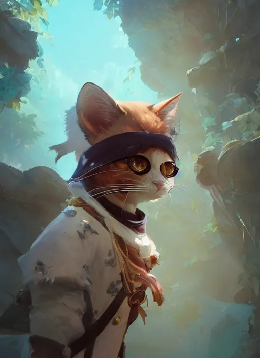 Image similar to a beautiful half body portrait of a cute anthropomorphic pirate cat fursona. eye patch. character design by cory loftis, fenghua zhong, ryohei hase, ismail inceoglu and ruan jia. volumetric light, detailed, rendered in octane